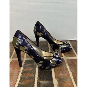 NINA NEW YORK Women's 10 Purple Gold Sequins‎ Satin Platform Peep Toe High Heels